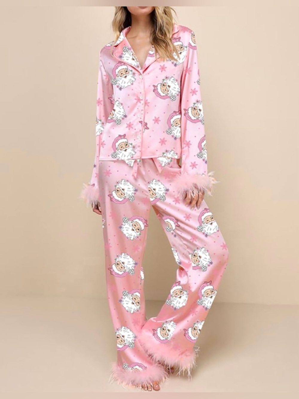Women’s 2 Piece Disco Santa Christmas Pajama Set with Feather Sleeves